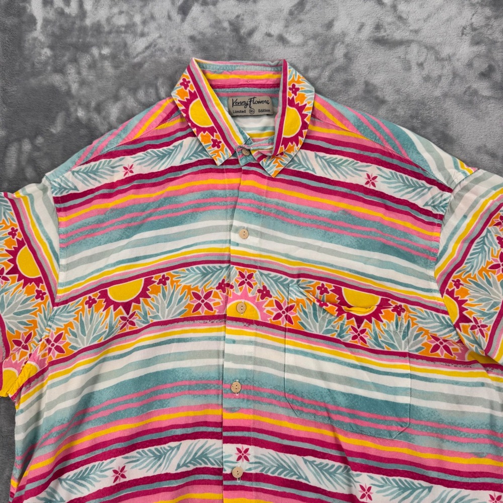 Kenny Flowers Mens Limited Edition Hawaiian Shirt XL Tropical Sun Stripe Rayon